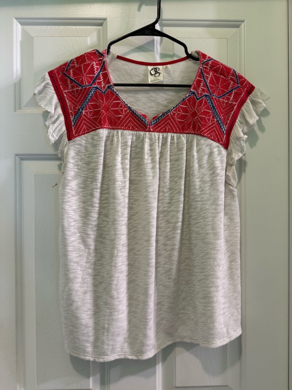 Anthropologie One September Embroidered V-Neck Cap Sleeve Blouse